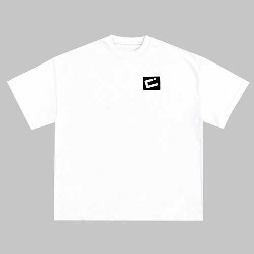 White t-shirt with a black logo on a gray background