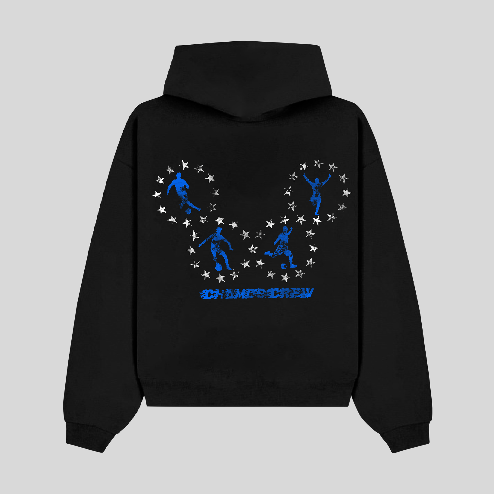 Black hoodie with blue graphic design on the back against a gray background