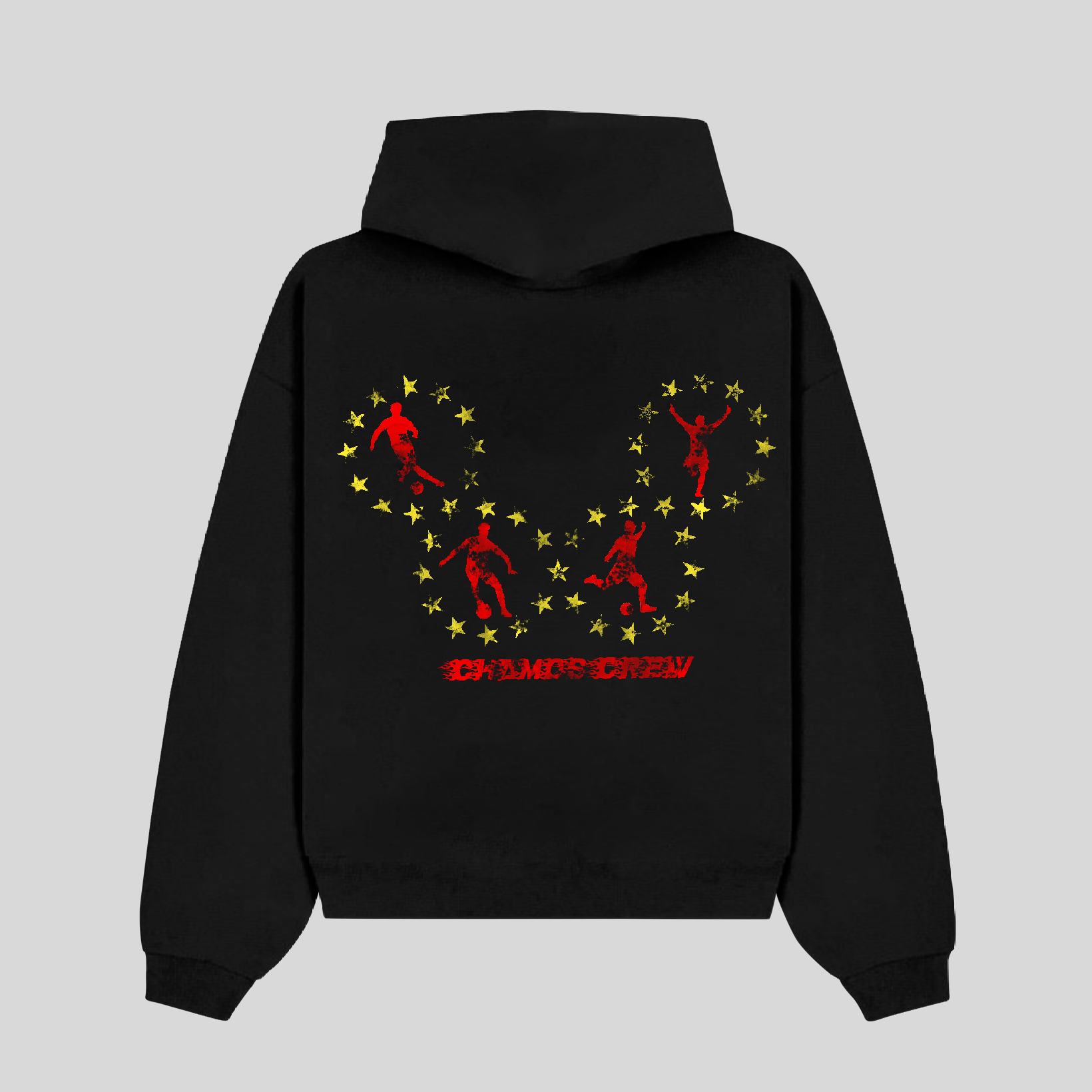 Black hoodie with red and yellow graphic design on the back against a light gray background