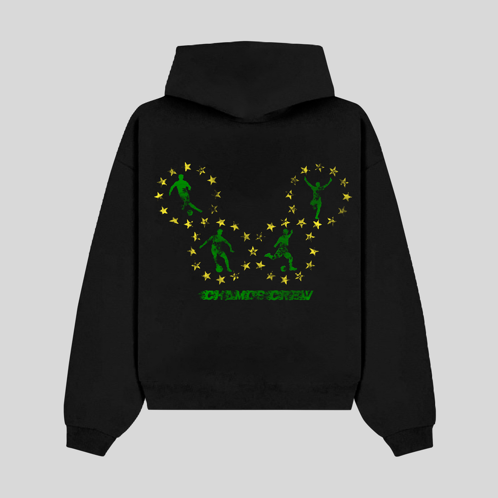Black hoodie with green graphic design on the back against a light gray background