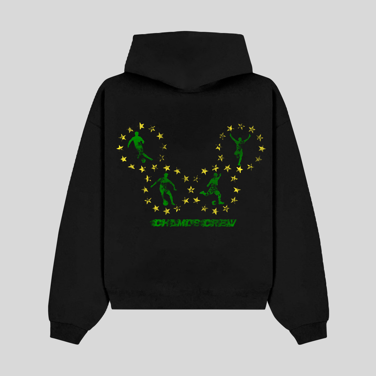 Black hoodie with green graphic design on the back against a light gray background