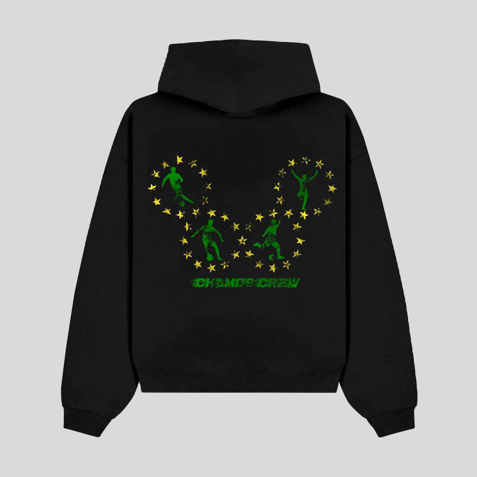 Black hoodie with green graphic design on the back against a light gray background