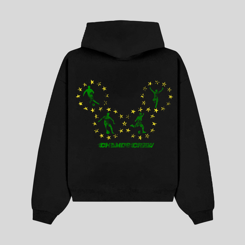 Black hoodie with green graphic design on the back against a light gray background