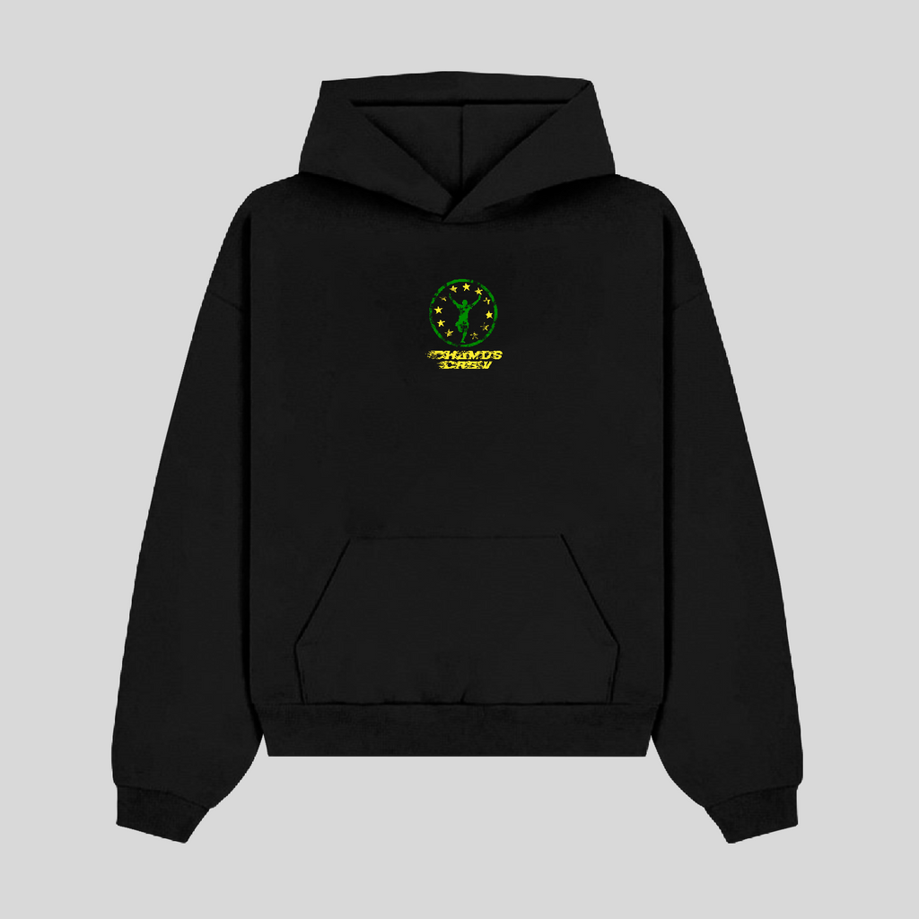 Black hoodie with a green logo on a light gray background