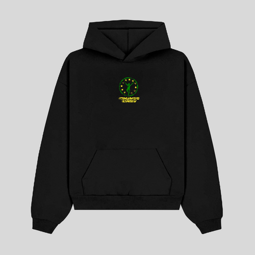 Black hoodie with a green logo on a light gray background