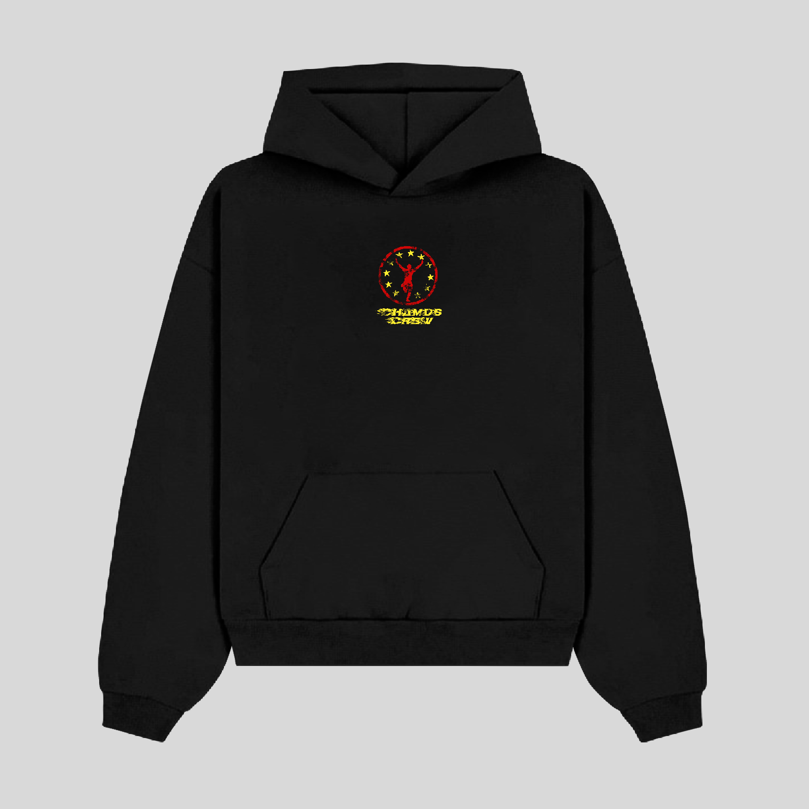Black hoodie with a logo on the chest against a light gray background