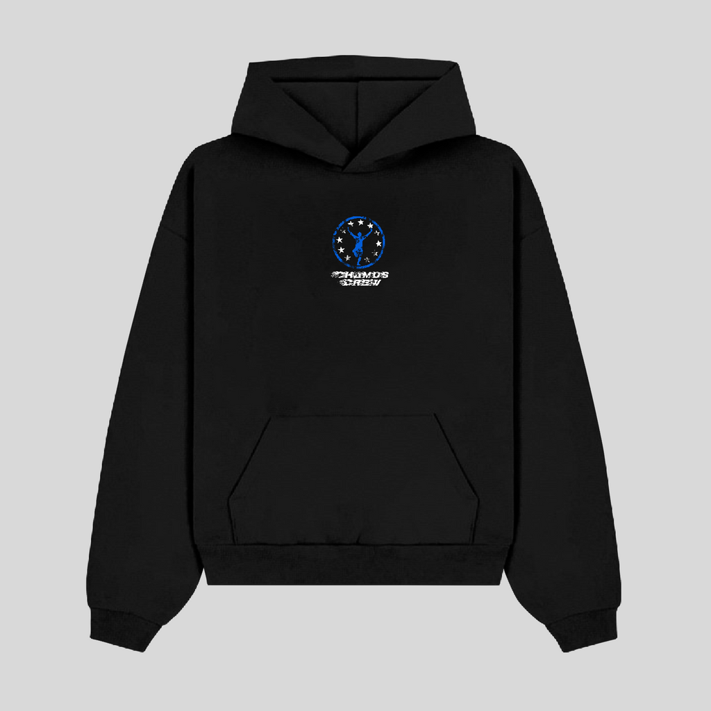 Black hoodie with a logo on the chest against a light gray background