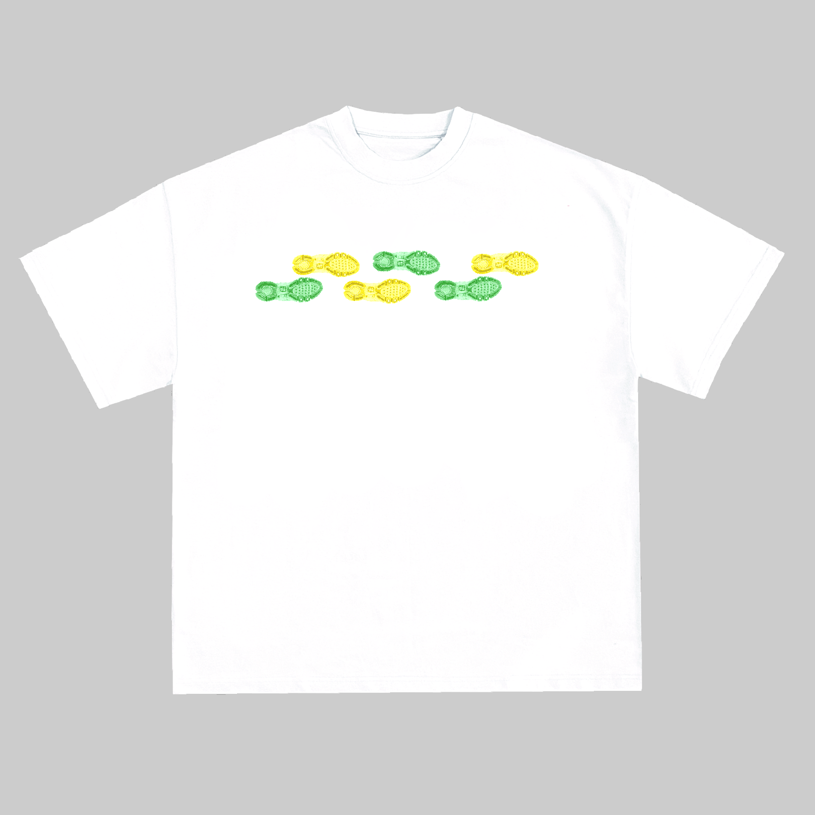 White t-shirt with colorful graphic on a gray background