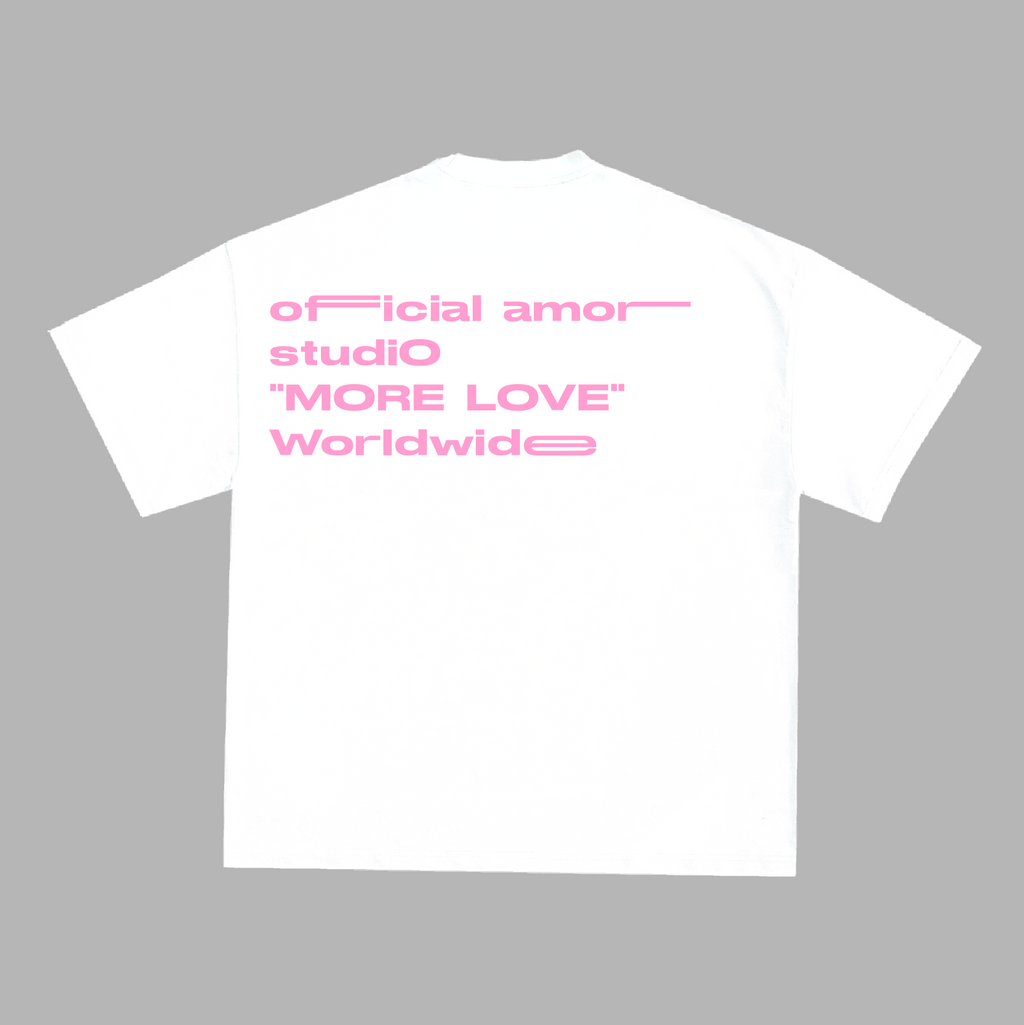 White t-shirt with pink text on a gray background