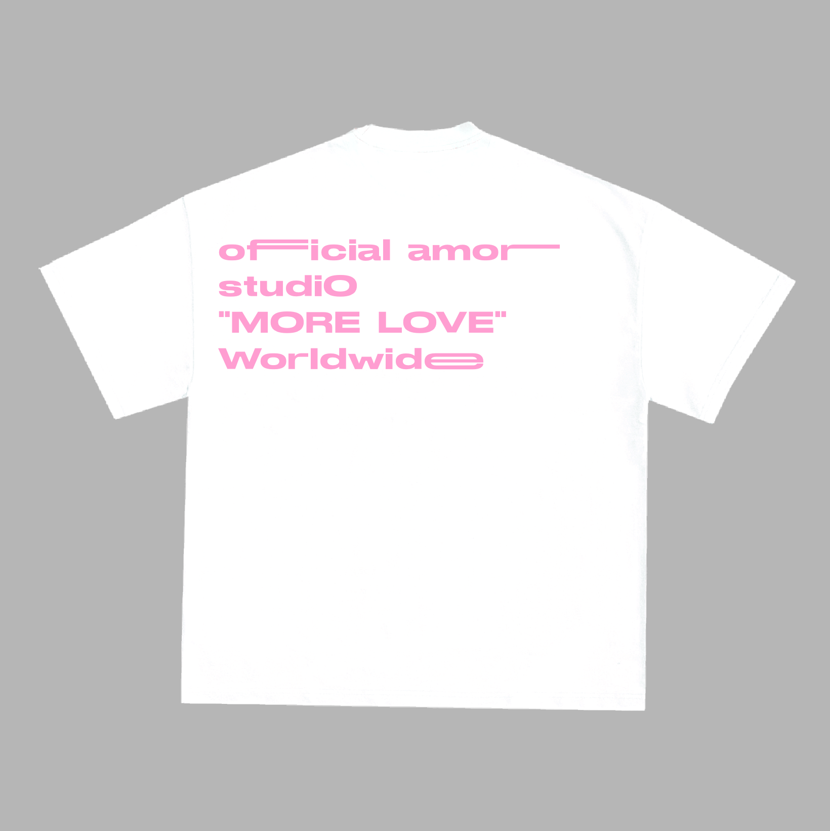White t-shirt with pink text on a gray background