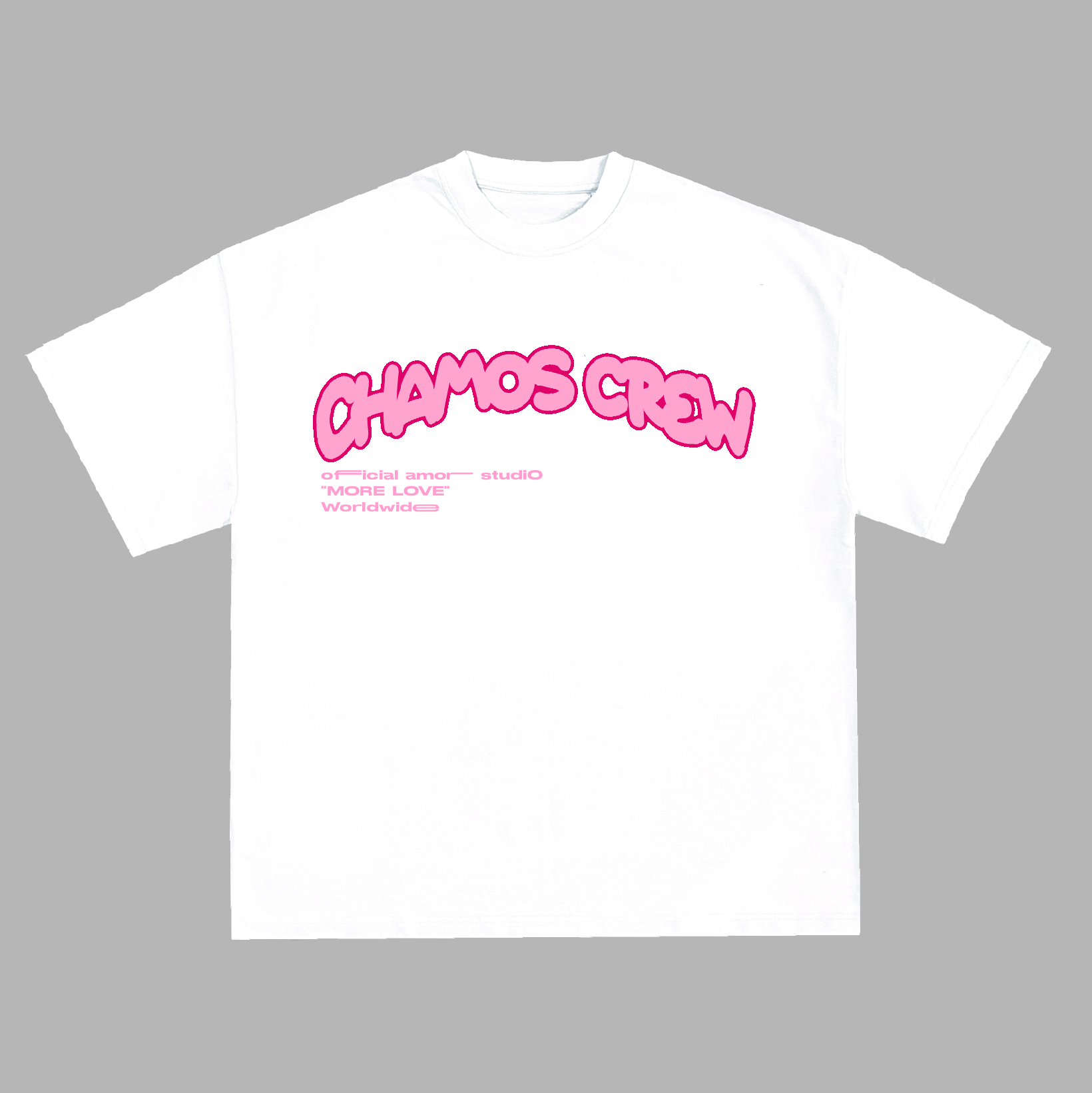 White t-shirt with pink text on a gray background