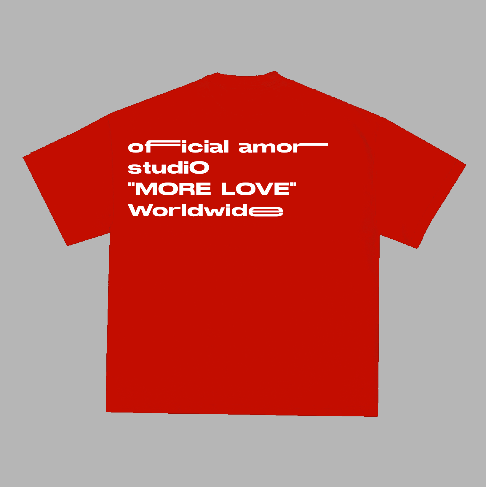 Red t-shirt with white text on a gray background
