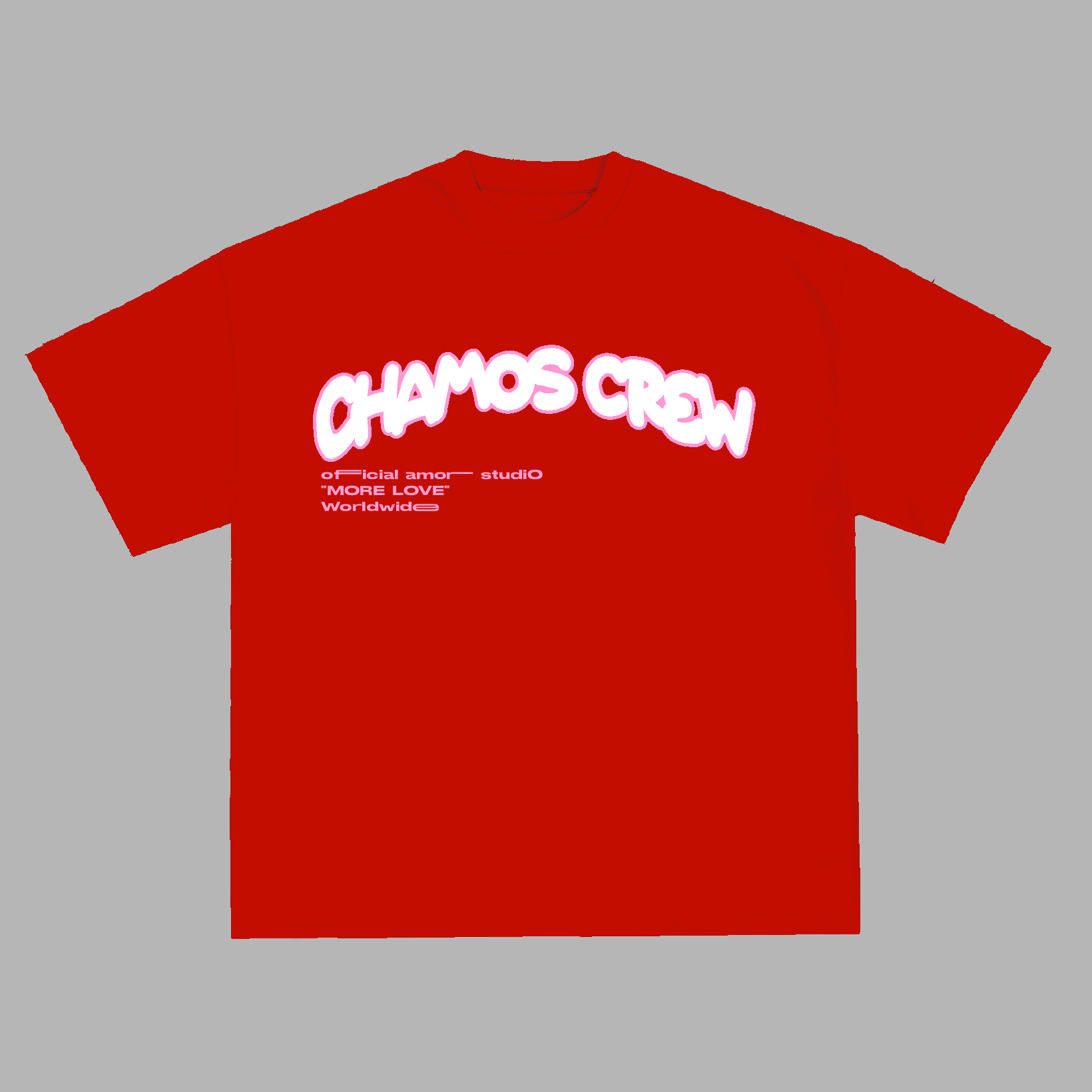 Red t-shirt with white text on a gray background