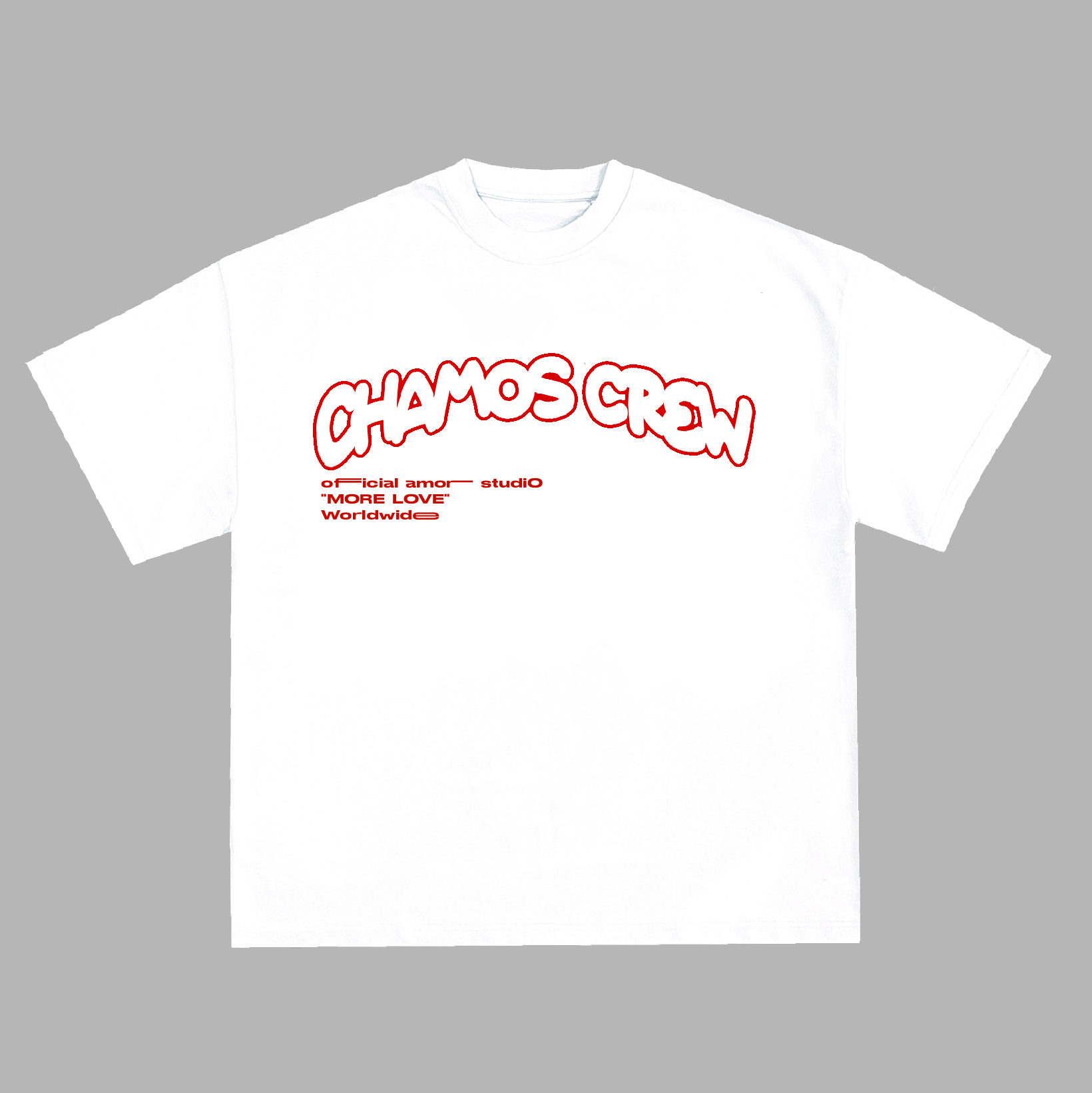 White t-shirt with red text on a gray background