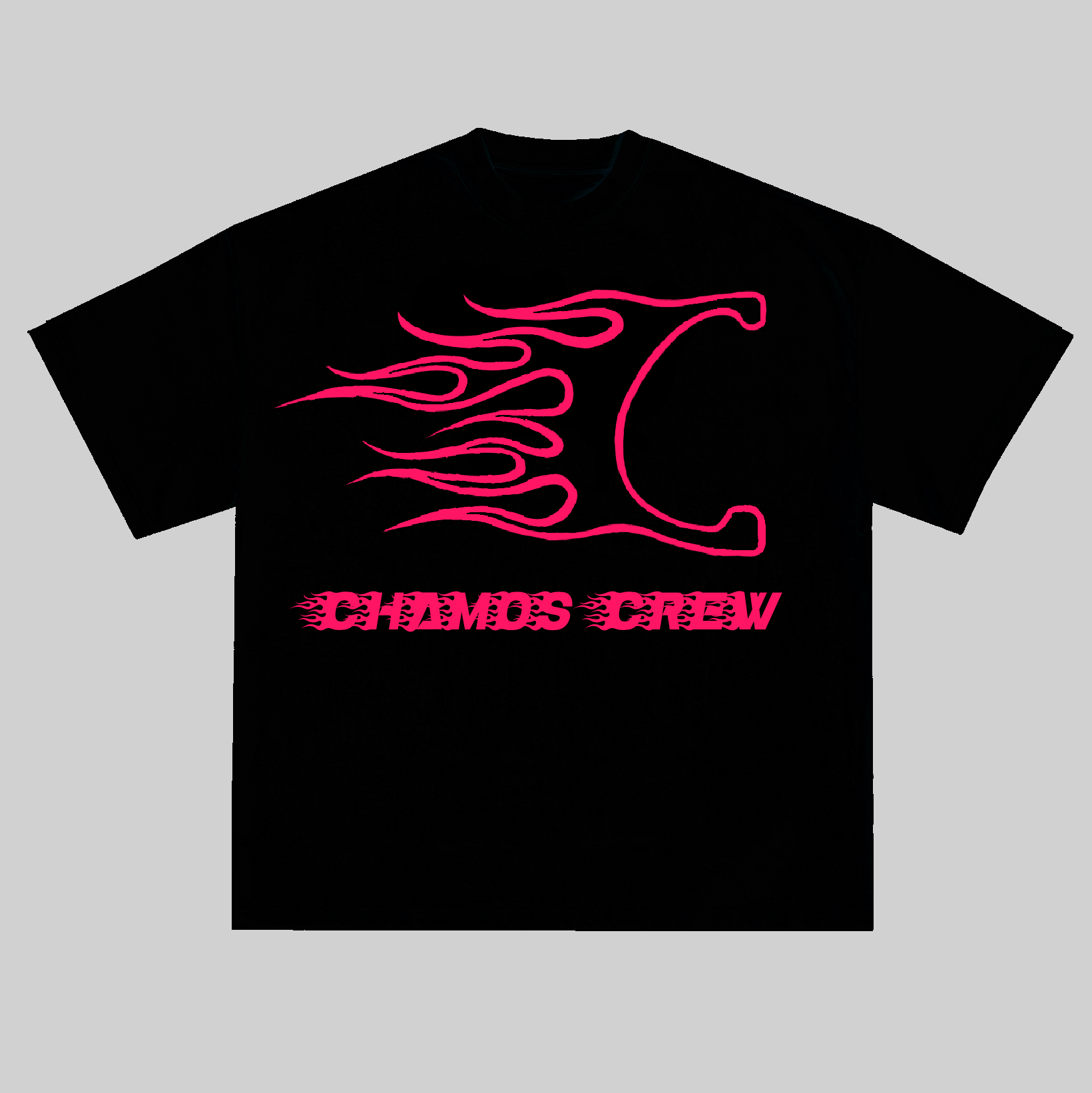 Black t-shirt with pink flame design and 'Chaos Crew' text on a gray background