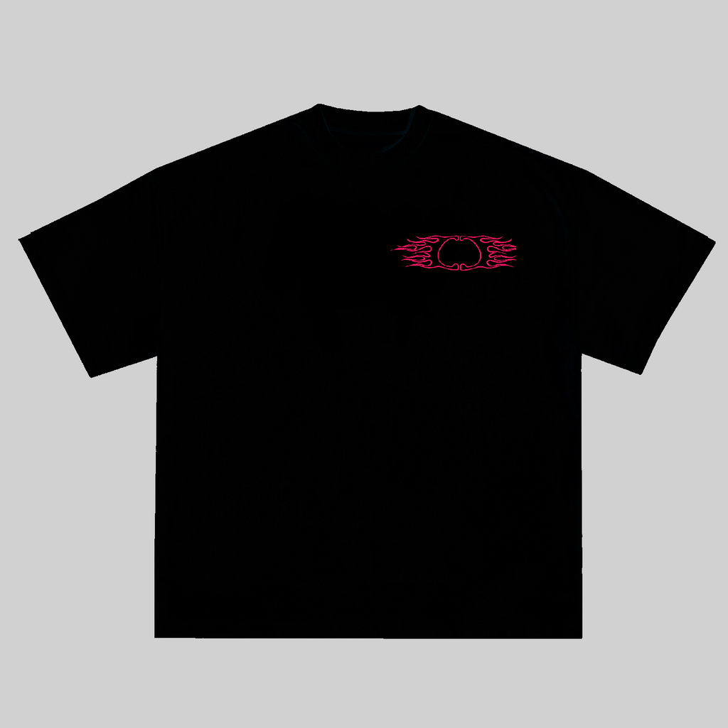 Black t-shirt with a red logo on a light gray background